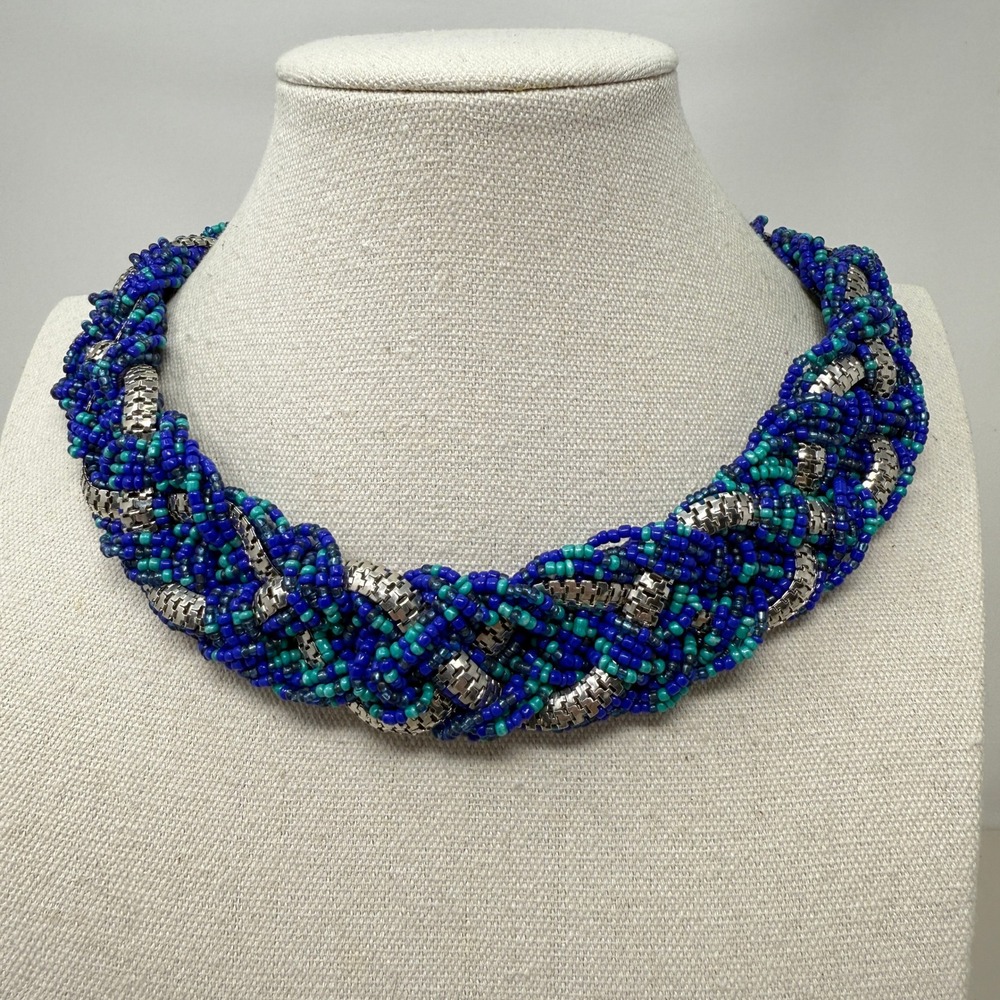 Braided Beaded Necklace Silver‎ Blue Green Seed Beads Chunky Choker Jewelry